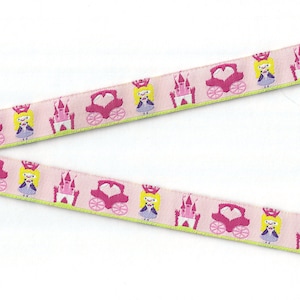 KINDER Märchen C-13-C Jacquard Band Poly Trim 5/8 "breit (16 mm) Hellrosa w / Prinzessin, Krone, Bus & Schloss