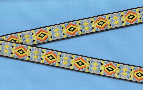 NATIVE AMERICAN F-14-D Jacquard Ribbon Poly Trim, 1" Wide (25mm) Black, Blue, Orange, Yellow & Gray Tribal Diamond Design