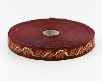 KAFKA C-02/08 Jacquard Ribbon Woven Organic Cotton Trim 5/8" wide (16mm) Burgundy w/Gingerbread Men Pretzels & Cookies Gold Ribbon, Per Yard