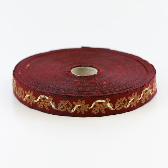 KAFKA C-02/08 Jacquard Ribbon Woven Organic Cotton Trim 5/8" wide (16mm) Burgundy w/Gingerbread Men Pretzels & Cookies Gold Ribbon, Per Yard