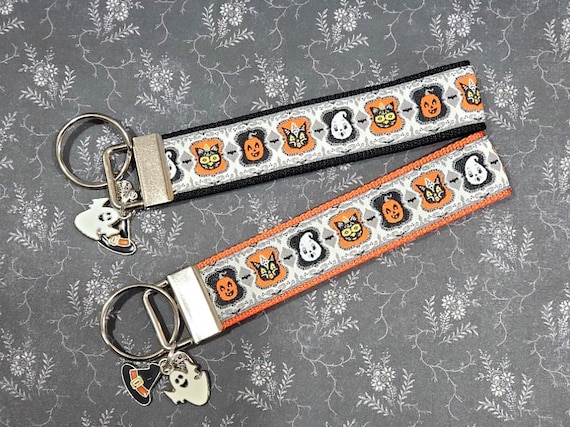 Jacquard Ribbon/Nylon Web Key Fobs - HALLOWEEN Motif w/Ghost & Witch's Hat Charms -  Keychain Wristlet, Luggage Tags 5.5" long
