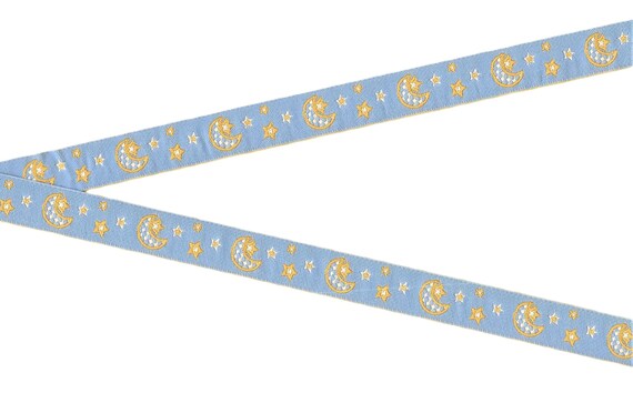 CHILDREN's C-13-A Jacquard Ribbon Poly Trim 5/8" wide (16mm) From France, Blue w/Yellow & White Moons and Stars REMNANT