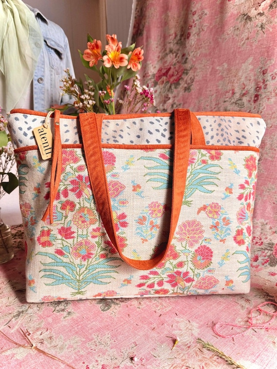 ATENTI Handmade Bags "GEMMA" in Peach, Apricot, Teal & Ivory, Satchel Bag Organizer, Needle Arts/Knitting Bag, Diaper Bag, USA Made