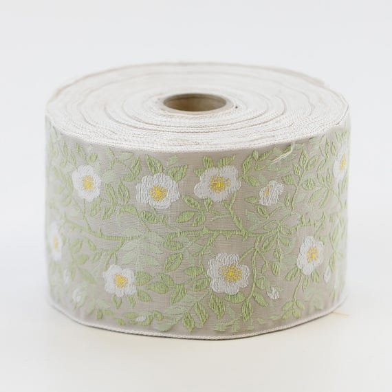 KAFKA L-01/73 Jacquard Ribbon Organic Cotton Trim 2-3/8" wide (60mm) Beige w/White & Yellow Dog Roses