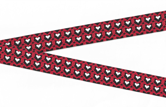 HEARTS/FLOWERS F-02-A Jacquard Ribbon Polyester Trim 15/16" wide (24mm) Black Background w/Small White Hearts within Intertwined Red Hearts