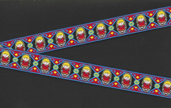 CHILDREN's E-23-B Jacquard Ribbon Polyester Trim 7/8" wide (22mm) Black/Red/Blue Background w/Little Girls with Blonde Braids, Red Dresses