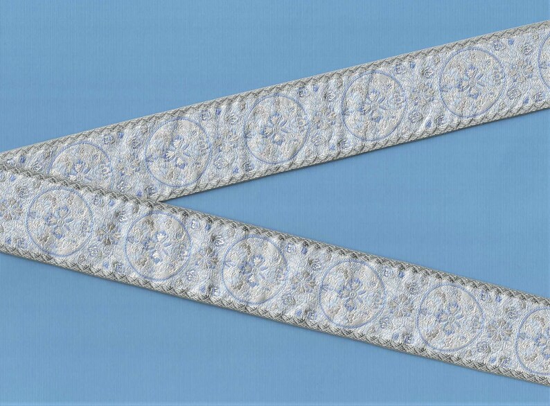 FLORAL H-06-B Jacquard Band Poly Trim 1-5 / 8 "breit (41 mm) VINTAGE Made in France, Eisblau, Grau & Elfenbein Bild 2