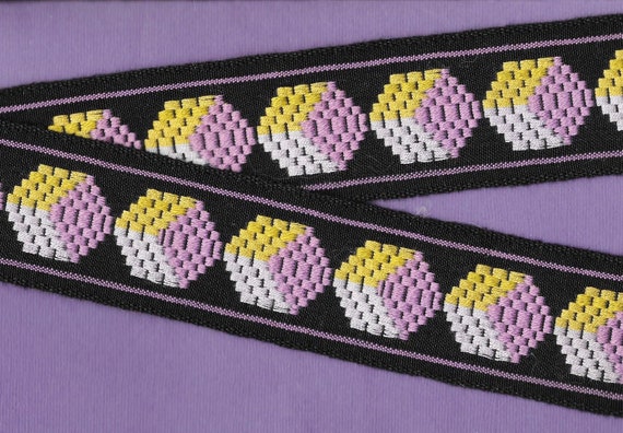 GEOMETRIC K-01-A Jacquard Ribbon Cotton Trim 2" Wide (50mm) Black Background, Purple, Lilac & Yellow Retro MOD Hexagon Pattern