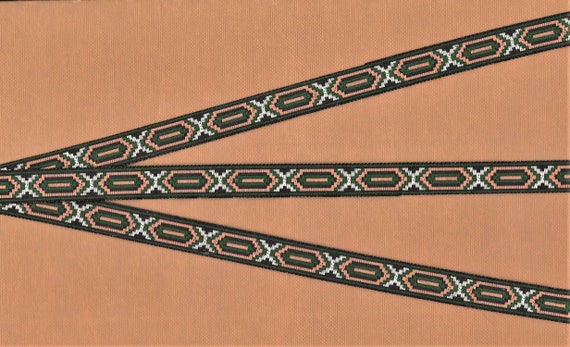 NATIVE AMERICAN B-14-A Jacquard Ribbon Polyester Trim 1/2" wide (13mm) RARE, Black w/Dark Green & Taupe w/Silver Metallic "X" Tribal Pattern