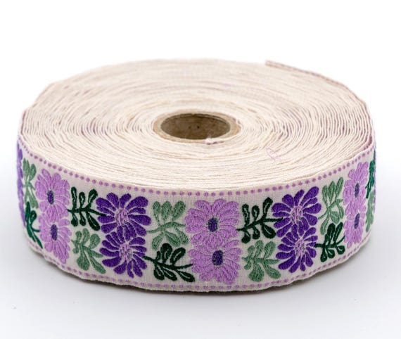 KAFKA G-32/03 Jacquard Ribbon Woven Organic Cotton Trim 1-1/4" wide (32mm) Ivory Background w/Lt Lilac & Purple "Flower Twin" Green Leaves