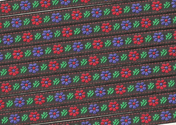 FLORAL B-02-A Jacquard Ribbon Polyester Trim 1/2" Wide (13mm) Black w/Red Border, Red & Blue Flowers, Green Leaves