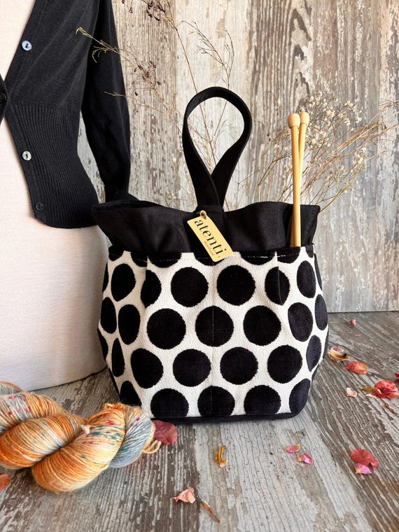 ATENTI Handmade Bags "Spot On Night" Tapestry Velvet Black Polka Dots, 8-Pocket Organizer, Needle Arts/Knitting Bag, Project Bag, USA Made
