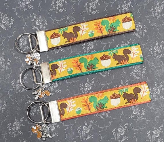 Jacquard Ribbon/Nylon Web 1" wide (25mm) Key Fobs Autumn Squirrels on Golden Yellow w/Charms, Wristlet, Luggage Tags 5.5" long