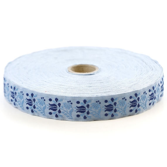 KAFKA D-04/06 Jacquard Ribbon Woven Organic Cotton Trim 3/4" wide (20mm) Sky Blue with Navy Blue "Frida" Flowers