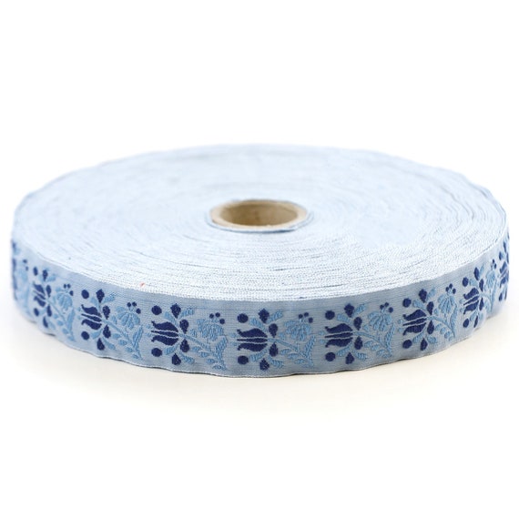 KAFKA D-04/06 Jacquard Ribbon Woven Organic Cotton Trim 3/4" wide (20mm) Sky Blue with Navy Blue "Frida" Flowers