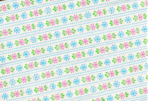 FLORAL A-34-D Jacquard Ribbon Poly Trim 3/8" Wide (9mm) White Background w/Sky Blue & Pink Flowers, Apple Green Accents