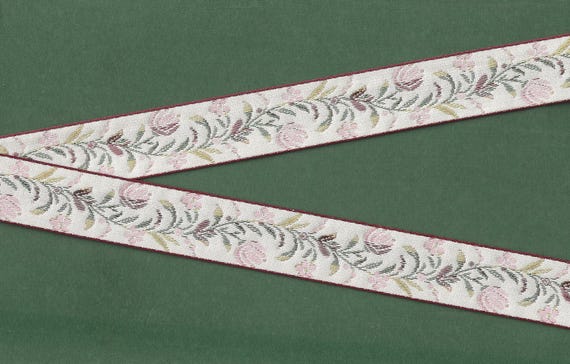 FLORAL TAPESTRY F-01-A Jacquard Ribbon Poly Trim 15/16" wide (24mm) Victorian, Ivory w/Muted Shades of Pink Flowers & Olive Green Leaves