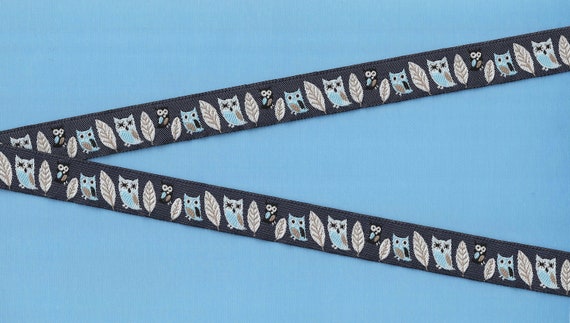 ANIMALS/Birds C-08-B Jacquard Ribbon Polyester Trim 5/8" wide (16mm) Dark Gray w/Beige, White & Blue Owls, White Feathers
