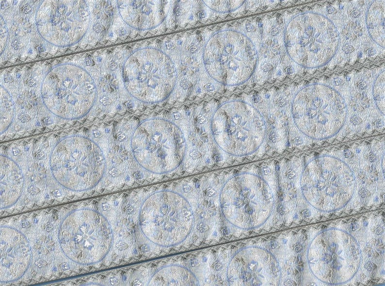 FLORAL H-06-B Jacquard Band Poly Trim 1-5 / 8 "breit (41 mm) VINTAGE Made in France, Eisblau, Grau & Elfenbein Bild 3