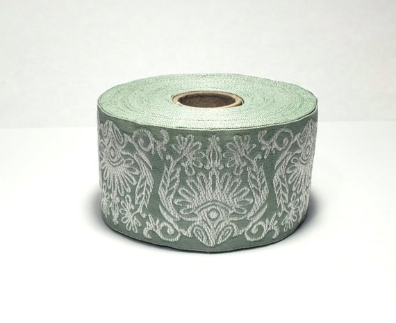 KAFKA H-20/06 Jacquard Ribbon Woven Organic Cotton Trim 1+5/8" wide (41mm) Beautiful "Lace" Pattern in White on Soft Green
