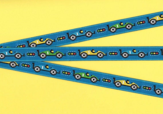 CHILDREN's C-31-A Jacquard Ribbon Poly Trim 5/8" Wide (16mm) Blue Background with Blue/Green/Yellow Race Cars & Traffic Lights