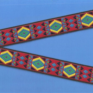 NATIVE AMERICAN F-14-A Jacquard Ribbon Poly Trim 1" wide (25mm) Red w/Blue, Black, Yellow & Green Tribal Diamond Design