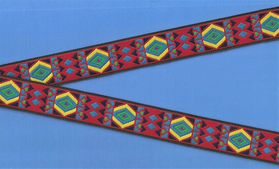 NATIVE AMERICAN F-14-A Jacquard Ribbon Poly Trim, 1" Wide (25mm) Red w/Blue, Black, Yellow & Green Tribal Diamond Design