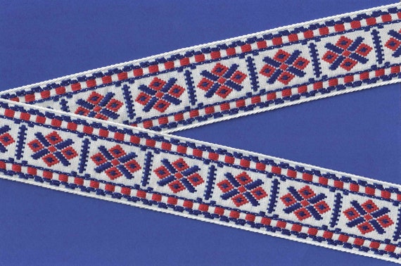 NATIVE AMERICAN K-09-E Jacquard Ribbon Cotton Trim, 1-7/8" Wide (48mm) White Background, Red & Blue Block Design, Per Yard