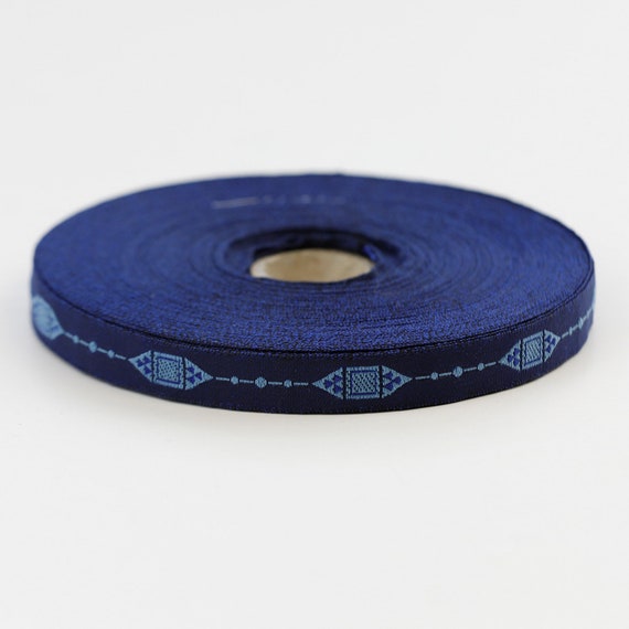 KAFKA A-04/21 Jacquard Ribbon Organic Cotton Woven Trim 7/16" wide (10mm) Navy Background, Sky Blue Small Diamonds & Accents