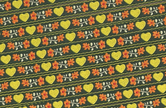 HEARTS/FLOWERS C-02-B Jacquard Ribbon Cotton Trim 5/8" wide (16mm) Made in France, Green w/Yellow Hearts, Orange & Red Flowers Green Leaves