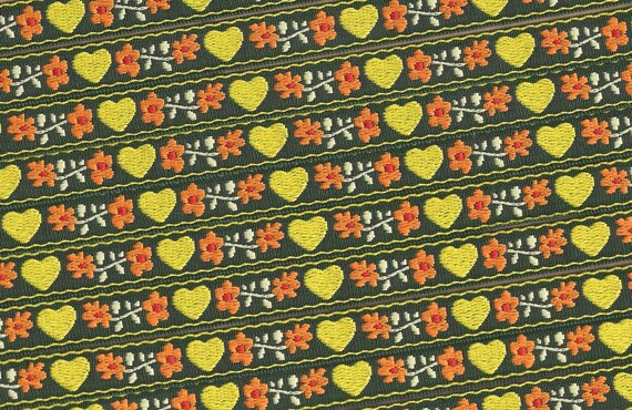 HEARTS/FLOWERS C-02-B Jacquard Ribbon Cotton Trim 5/8" wide (16mm) Made in France, Green w/Yellow Hearts, Orange & Red Flowers Green Leaves