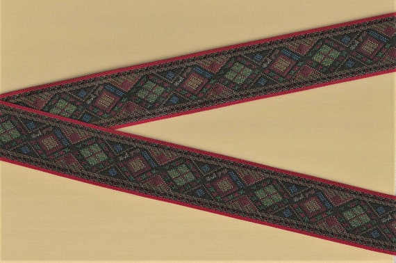 GEOMETRIC TAPESTRY H-18-A Jacquard Ribbon Poly Trim 1-1/2" Wide (38mm) Diamond Design in Black, Red, Blue, Green & Yellow