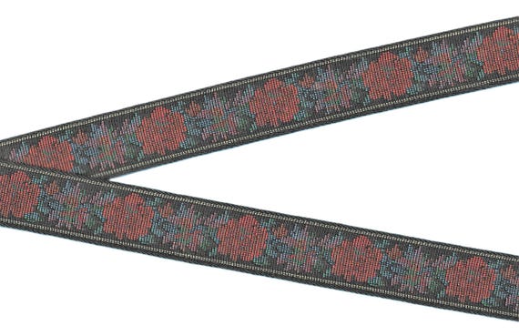 FLORAL TAPESTRY F-21-B Jacquard Ribbon Cotton Trim 1-1/8" wide (28mm) "Petit Point" Design in Black. Red, Pink Flowers, Green Leaves