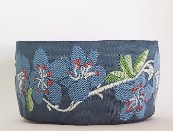 KAFKA H-06/02 Jacquard Ribbon Woven Organic Cotton Trim 1-5/8" wide (40mm) Lt Gray Background w/Gray Cherry Blossoms, Green Leaves