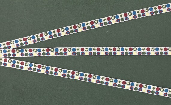 GEOMETRIC A-19-C Jacquard Ribbon Poly Trim, 3/8" Wide (9mm) Ivory Background w/Navy, Olive Green, Ivory and Burgundy Dots & Stars