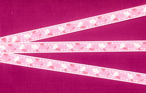 CHILDREN's C-10-A Jacquard Ribbon Poly Trim 5/8" wide (16mm) Pink Background w/White Borders, Flying Storks & Hearts, Pink Accents