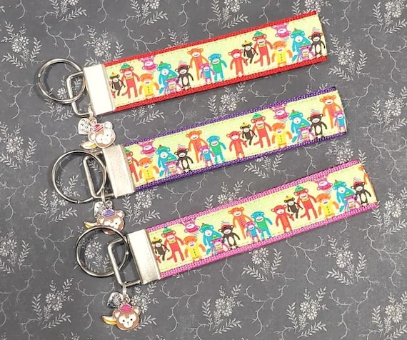 Jacquard Ribbon/Nylon Web 1" wide (25mm) Key Fobs, Sock Monkey Party w/Charms, Wristlet, Luggage Tags 5.5" long