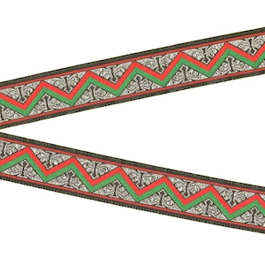 HOLIDAY E-04-A Jacquard Ribbon Poly Trim 7/8&quot; Wide (22mm) Dark Green Red & Green Zig Zag Design, Gold Metallic Accents, Per Yard