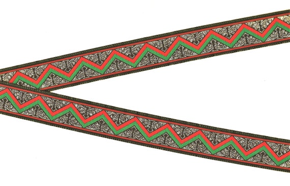 HOLIDAY E-04-A Jacquard Ribbon Poly Trim 7/8" Wide (22mm) Dark Green Red & Green Zig Zag Design, Gold Metallic Accents, Per Yard