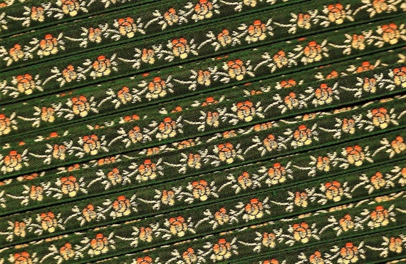 FLORAL A-01-C Jacquard Ribbon Poly Trim, 5/16" wide, Made in France, Green w/Variegated Ivory & Peach Flowers Pale Green Stems