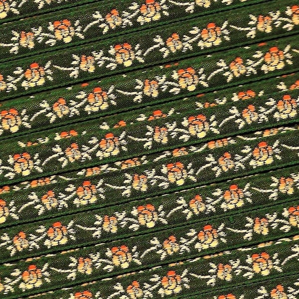 FLORAL A-01-C Jacquard Ribbon Poly Trim, 5/16" wide, Made in France, Green w/Variegated Ivory & Peach Flowers Pale Green Stems