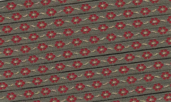 FLORAL A-02-D Jacquard Ribbon Poly Trim 5/16" wide (9mm) Gray Brown w/Petite Red Flowers & Metallic Gold Accents