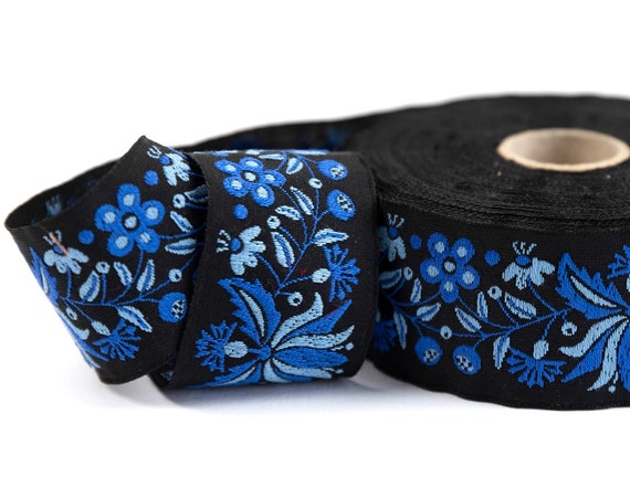 KAFKA G-19/02 Jacquard Ribbon Woven Organic Cotton Trim 1-1/4" wide (32mm) "Frida Blumenranke" Black w/Blue & Lt Blue Flowers