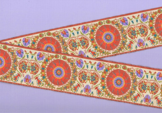 FLORAL M-01-A Jacquard Ribbon Poly Trim 2-1/2" wide (64mm) VINTAGE LFN Textiles Beige Orange Yellow Lilac Olive & Red "Suzani" Per Yard