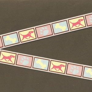 ANIMALS/Dogs D-08-A Jacquard Ribbon Poly Trim 3/4" wide (20mm) Douglas Paquette Block Design of Pastel Dogs, Bones & Paw Prints