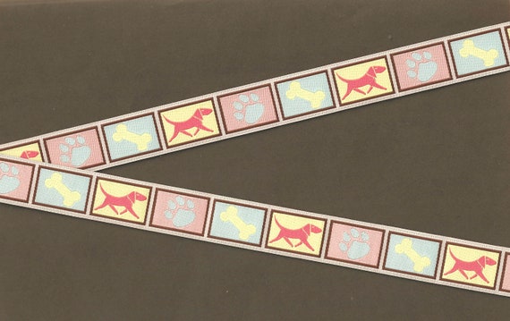 ANIMALS/Dogs D-08-A Jacquard Ribbon Poly Trim 3/4" wide (20mm) Douglas Paquette Block Design of Pastel Dogs, Bones & Paw Prints