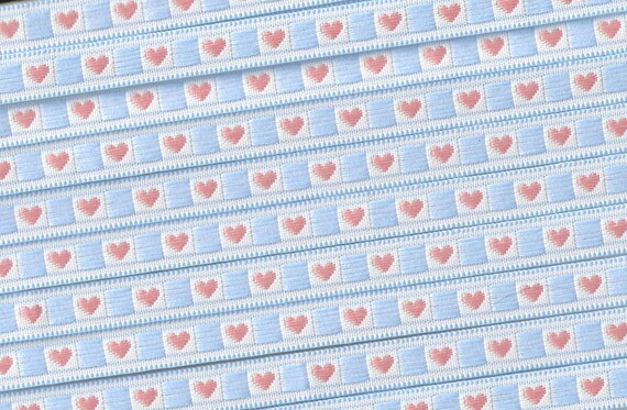 HEARTS A-02-C Jacquard Ribbon Polyester Trim 3/8" wide (9mm) White & Periwinkle Background w/Sweet Petite Peach Hearts