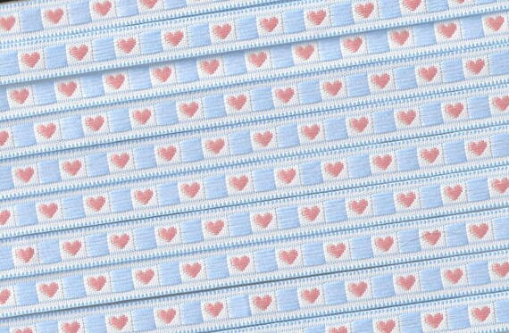 HEARTS/FLOWERS A-02-C Jacquard Ribbon Polyester Trim 3/8" wide (9mm) White & Periwinkle Background w/Sweet Petite Peach Hearts