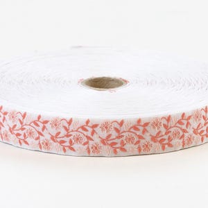 KAFKA D-03/07 Jacquard Ribbon Woven Organic Cotton Trim 3/4&quot; wide (20mm) White w/Peach Flowers & Dk Peach (Apricot) Leaves