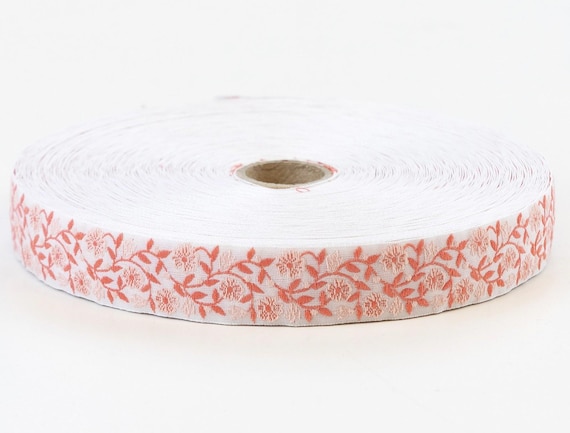 KAFKA D-03/07 Jacquard Ribbon Woven Organic Cotton Trim 3/4" wide (20mm) White w/Peach Flowers & Dk Peach (Apricot) Leaves